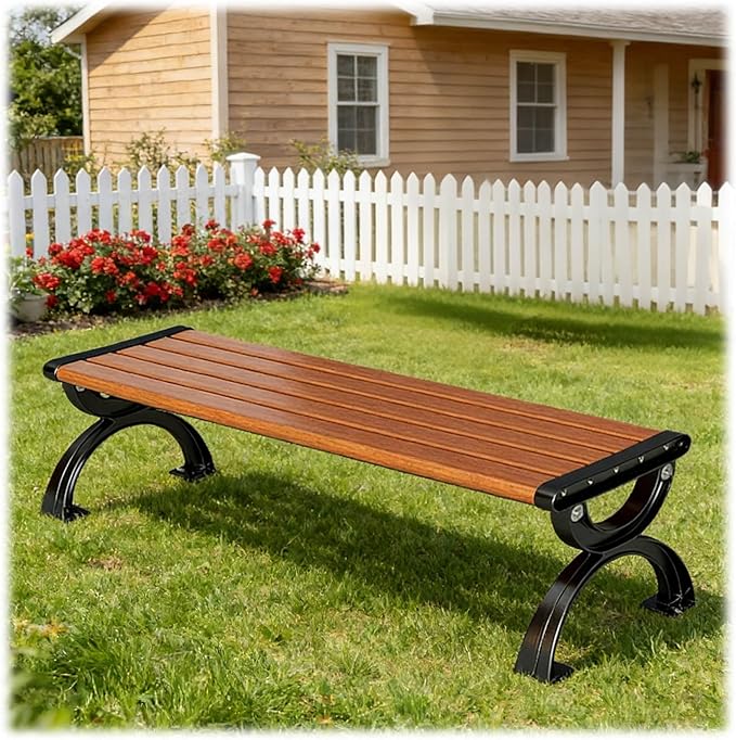 Patio Garden Bench 47" 59" 71" Outdoor Bench Cast Iron Metal Frame & Comfort Wood Seat, Backrest/Backless Porch Benches for Park, Yard, Porch, Lawn, Balcony, Backyard(Orange,150cm/59)