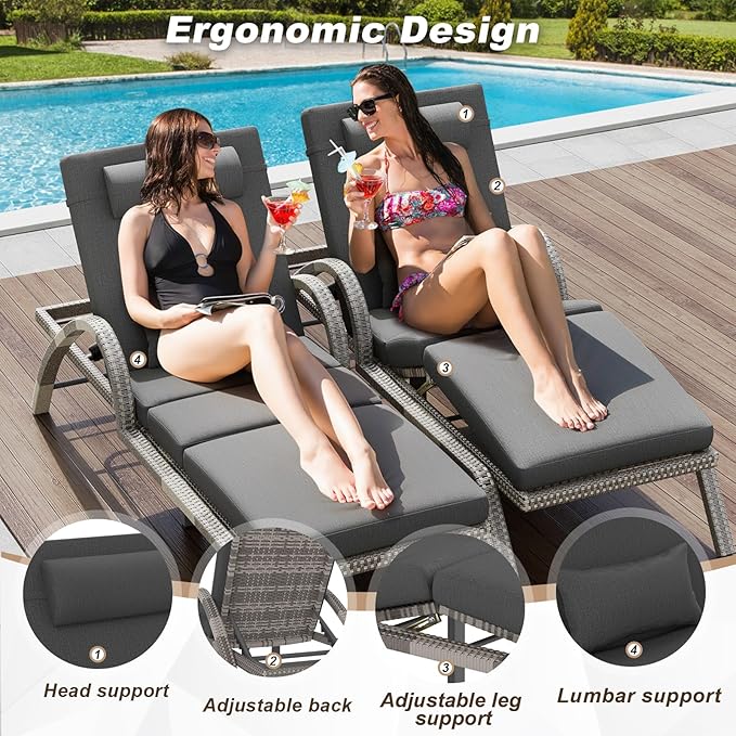 MEISSALIVVE Outdoor Lounge Chairs Set of 4, Patio Chaise Loungers with Adjustable 5 Position & Leg Support, PE Rattan Chaise Lounge, Wicker Pool Recliners Chair for Backyard, Porch, Deck, （Grey