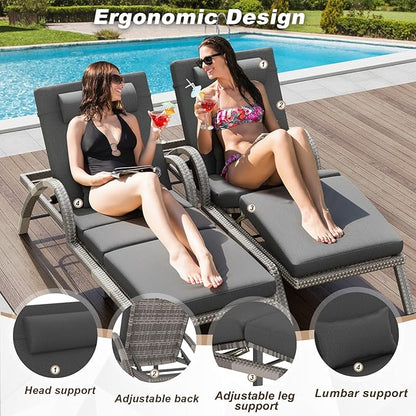 MEISSALIVVE Outdoor Lounge Chairs Set of 4, Patio Chaise Loungers with Adjustable 5 Position & Leg Support, PE Rattan Chaise Lounge, Wicker Pool Recliners Chair for Backyard, Porch, Deck, （Grey