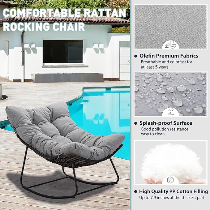 Outdoor Papasan Rocking Chair Oversized - Rocking Chair with Soft Cushion, 30° Rocker Egg Chair for Patio, Front Porch, Backyard, Living Room, Grey
