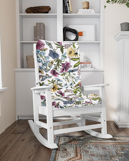 SERWALL SEWALL Oversized Outdoor Rocking Chair with Cushion, Patio Rocking Chairs for Porch, White HDPR Rocker+Flower Cushion
