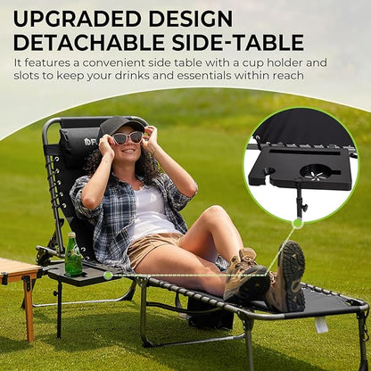 FUNDANGO Folding Chaise Lounge Chair with Soft Pad & Side Table for Outside, Patio, Beach, Sunbathing, Adjustable 5 Position Portable Camping Reclining Chair with Pillow