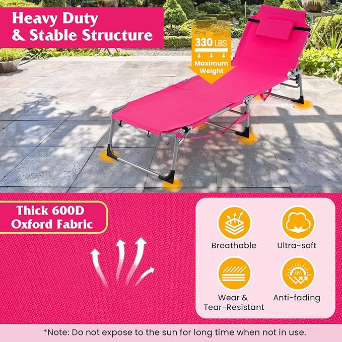 Tangkula Tanning Chair, Outdoor Folding Beach Lounge Chair with Face Hole, Adjustable Footrest, Removable Pillow - Photo 8