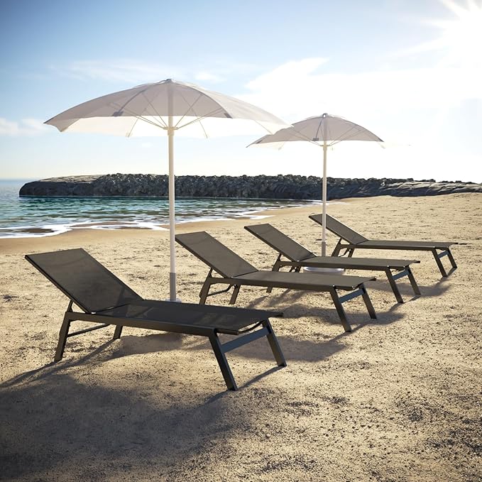Aluminum Outdoor Chaise Lounge Set of 2,Patio Breathable Textilene Lounge Chairs,Sunbathing Recliner w/5 Adjustable Backrest, for Outside Yard Balcony Garden Poolside Beach Deck Lawn,Grey