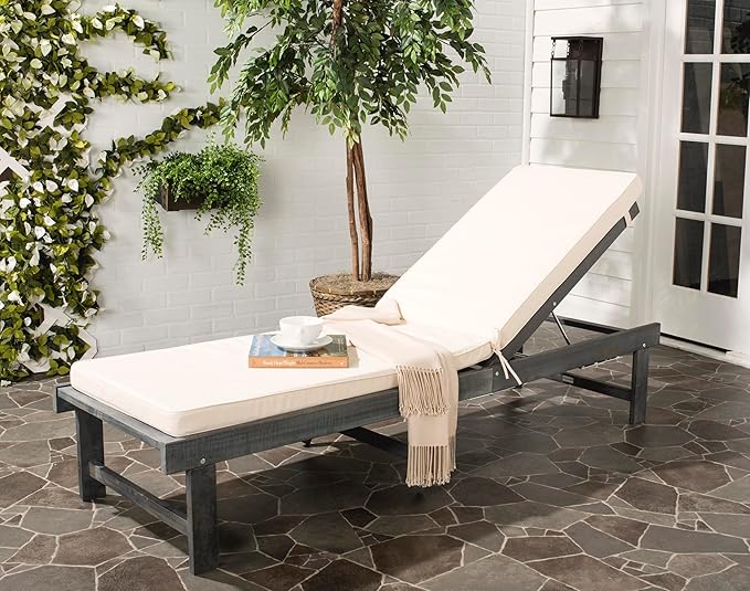 SAFAVIEH Outdoor Collection Inglewood Ash Grey Solid Wood/Beige Cushion Adjustable Chaise Lounge Chair (PAT6723D) - Photo 2