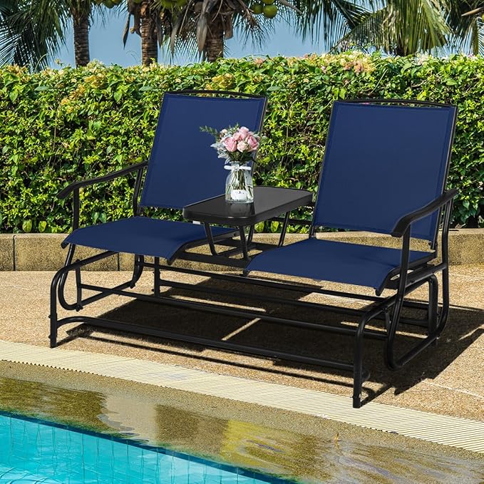 Giantex Outdoor Glider, Rocking Chair with Metal Frame, Center Tempered Glass Table, 2-Person Loveseat - Photo 9