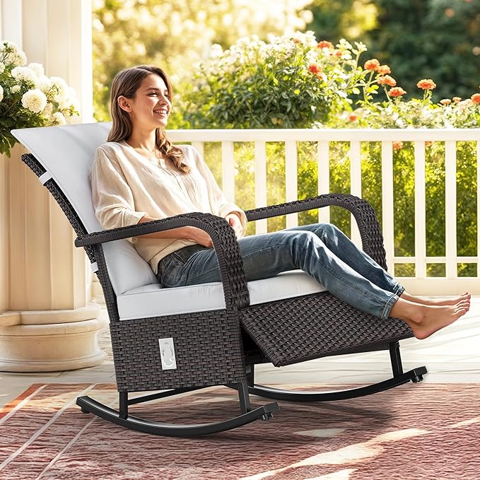 YITAHOME Outdoor Rocking Chair, Wicker Lounge Chair with Adjustment Backrest, PE Rattan Patio Recliner with Adjustable Footrest and Soft Cushions, Ideal for Garden Backyard Porch Patio