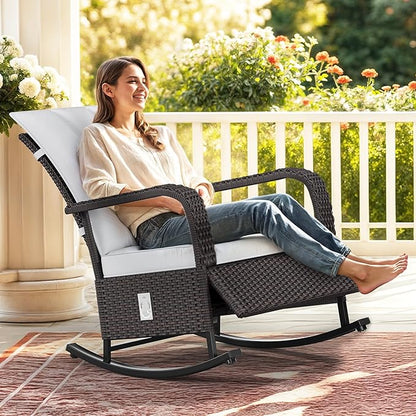 YITAHOME Outdoor Rocking Chair, Wicker Lounge Chair with Adjustment Backrest, PE Rattan Patio Recliner with Adjustable Footrest and Soft Cushions, Ideal for Garden Backyard Porch Patio