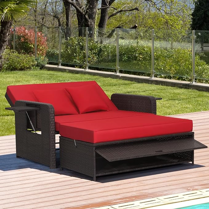 COSTWAY Patio Rattan Daybed with Cushions, Outdoor Wicker Loveseat Sofa with Storage Ottoman - Photo 4