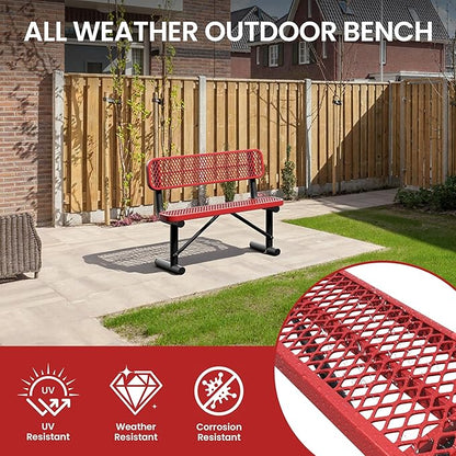 4 Feet Steel Park Bench for Outside, Outdoor Bench with Backrest & Portable Frame, Commercial Benches for Shopping Malls, Stores, Parks, Patios, Decks, Red