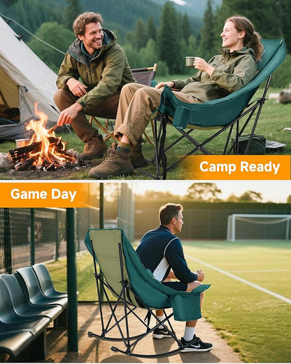 Slsy Oversized Rocking Camping Chair for Adults, 400 lbs Heavy Duty Padded Recliner with Side Pocket, Cup Holder & Carry Bag, Foldable Outdoor Lawn Chair for Patio, Backyard, or Camp