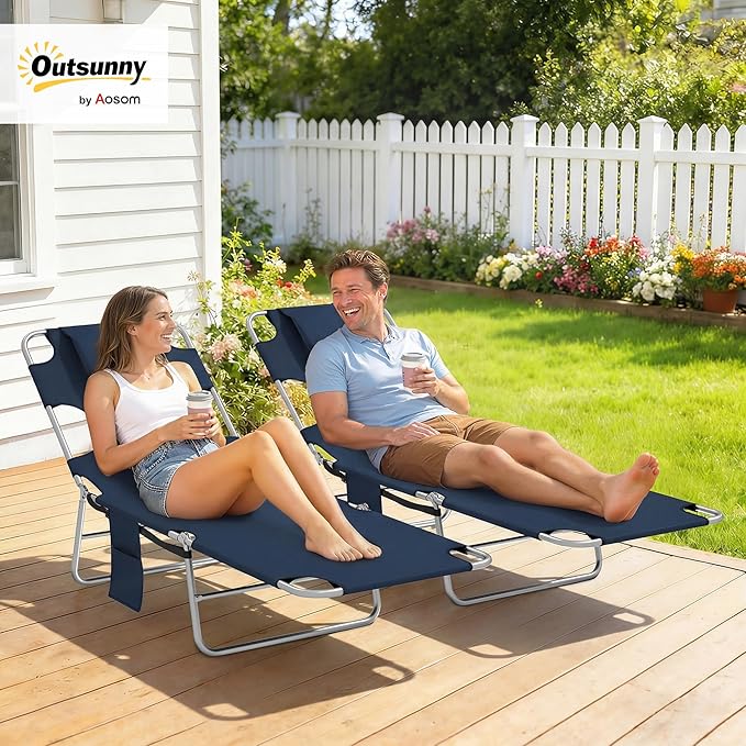 Outsunny Chaise Lounge Chair Outdoor Set of 2 with Face Arm Hole, 5-Position Reclining Face Down Tanning Chair with Carry Strap, Side Pocket, Portable Folding Bed Cot for Patio Beach Pool, Dark Blue