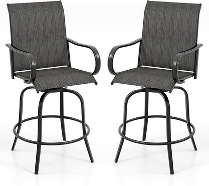 Tangkula Outdoor Swivel Bar Stools Set of 2, Bar Height Tall Patio Chairs with Armrests & High Back, Cozy Footrest & Solid Metal Support, High Top Bar Chairs for Backyard, Balcony, Poolside (1, Black)