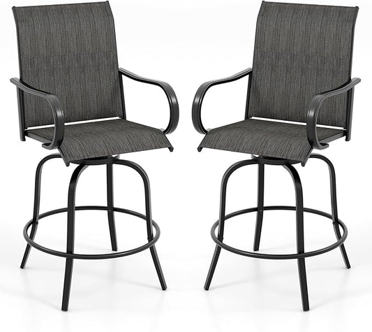 Tangkula Outdoor Swivel Bar Stools Set of 2, Bar Height Tall Patio Chairs with Armrests & High Back, Cozy Footrest & Solid Metal Support, High Top Bar Chairs for Backyard, Balcony, Poolside (1, Black)