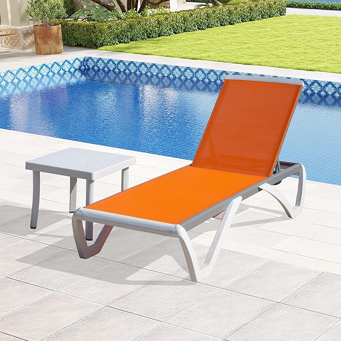 Domi Outdoor Lounge Chair, Aluminum Patio Chaise Lounge with 5 Position Adjustable Backrest and Wheels, All Weather Reclining Chair with Side Table for Patio, Yard,Balcony,Poolside (Orange)