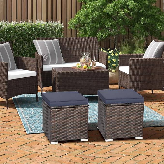 RELAX4LIFE Wicker Outdoor Storage Ottoman, 2-Piece Rattan Footstool w/Removable Cushion - Photo 8