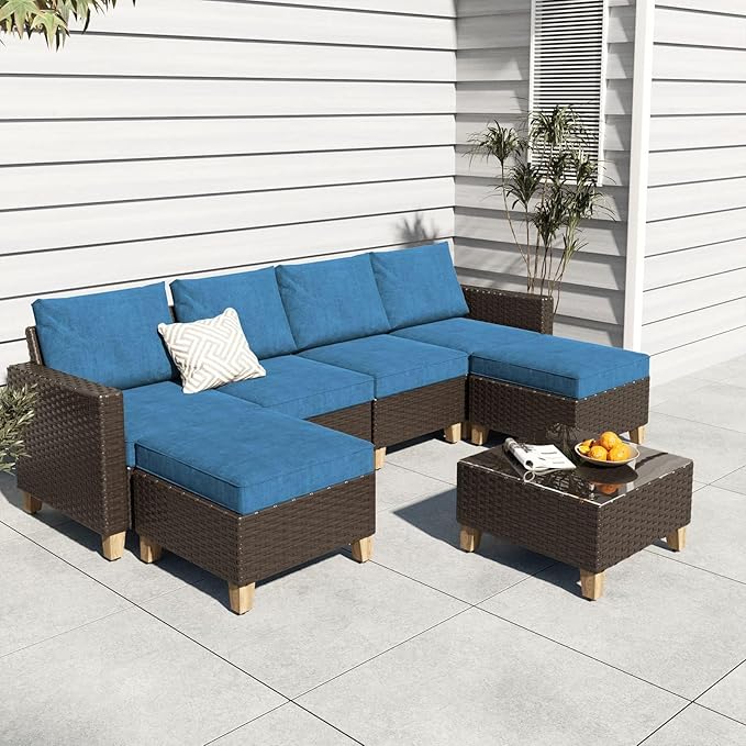Grand patio Sofa Sets Outdoor Furniture Sets, Wicker Patio Furniture 7-Piece Sectional Sofa with Thick Cushions for Yard Garden Porch for Six (Peacock Blue Sofa Set for Six, 7 PCS)