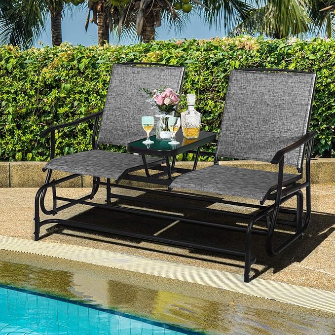 Giantex Patio Bench Glider Chair with Metal Frame, Center Tempered Glass Table, Outside Double Rocking Swing Loveseat for Porch, Garden, Poolside, Balcony, Lawn Rocker Outdoor Glider Bench(Gray)