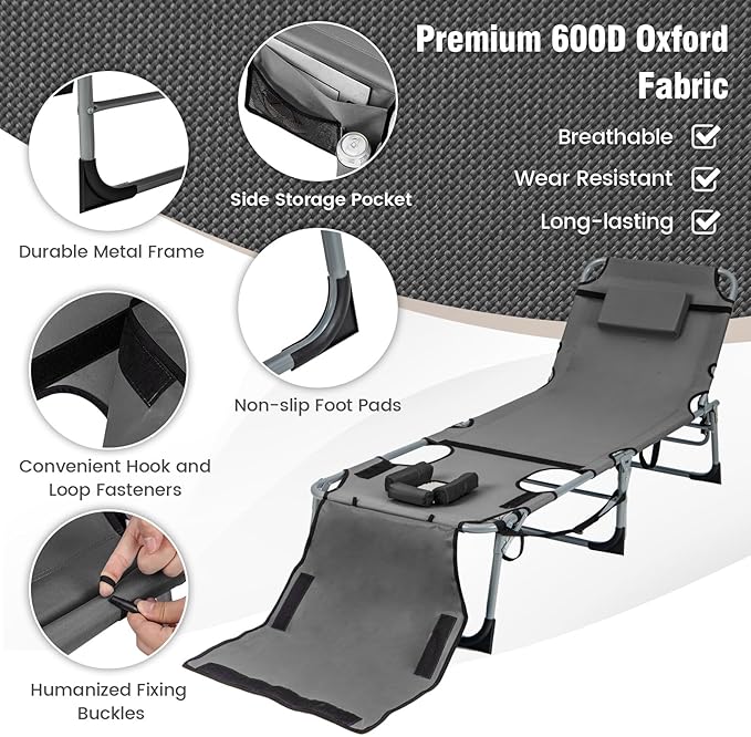 Tangkula Tanning Chair, Outdoor Folding Beach Lounge Chair with Face Hole, Adjustable Footrest, Removable Pillow - Photo 6