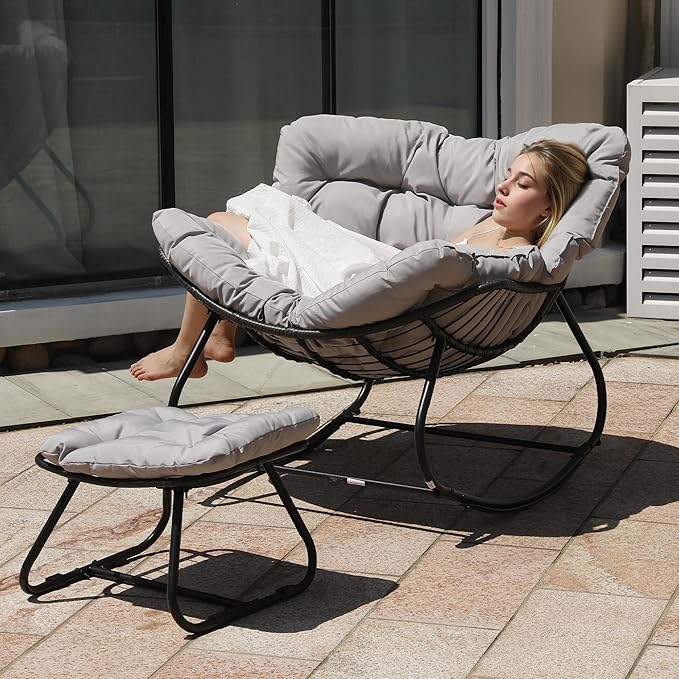 Wisteria Lane Patio Rocking Chair with Ottoman, Outdoor Indoor Rocking Egg Chair with Cushions, Metal Lounge Chair Oversized Papasan Chair, Outdoor Wicker Reading Chair for Porch Garden, Light Grey