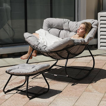 Wisteria Lane Patio Rocking Chair with Ottoman, Outdoor Indoor Rocking Egg Chair with Cushions, Metal Lounge Chair Oversized Papasan Chair, Outdoor Wicker Reading Chair for Porch Garden, Light Grey