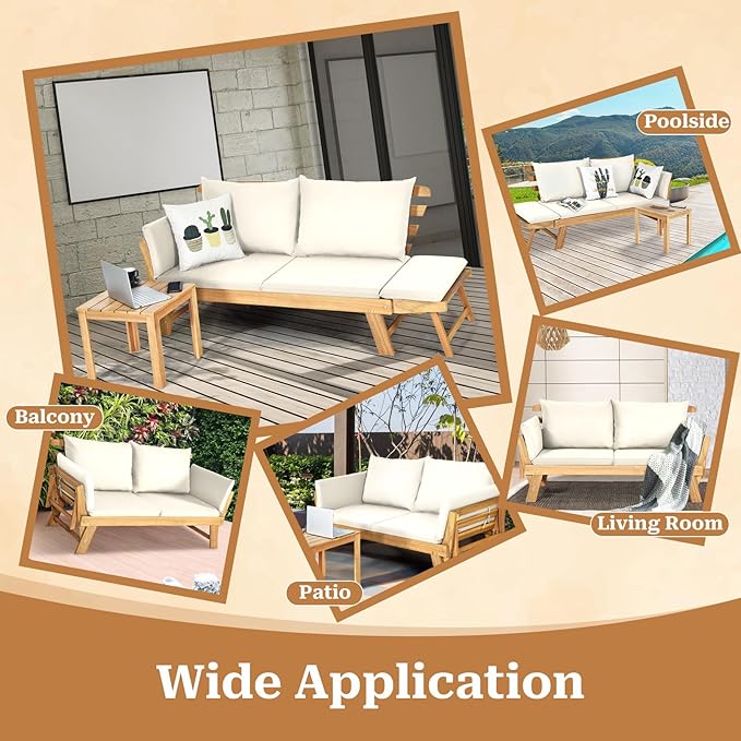 S AFSTAR Patio Convertible Couch Sofa Bed, Acacia Wood Chaise Lounger with Adjustable Armrest, Cushion & Pillows - Photo 7