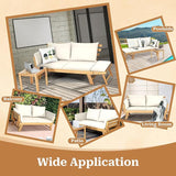 S AFSTAR Patio Convertible Couch Sofa Bed, Acacia Wood Chaise Lounger with Adjustable Armrest, Cushion & Pillows - Photo 7