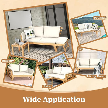 S AFSTAR Patio Convertible Couch Sofa Bed, Acacia Wood Chaise Lounger with Adjustable Armrest, Cushion & Pillows, Outdoor Daybed Loveseat Furniture for Backyard, Garden, Poolside, Porch