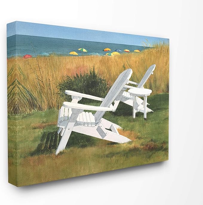 The Stupell Home Decor Two White Adirondack Chairs by Umbrella Beach Canvas Wall Art, 24 x 30, Proudly Made in USA