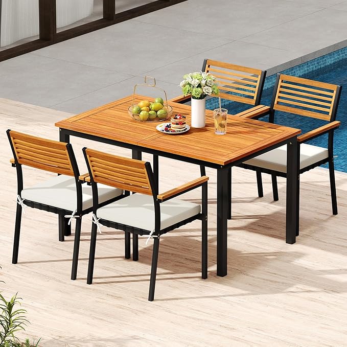 Tangkula 64 Inches Extendable Patio Dining Table for 4-8 People, Acacia Wood Outdoor Slatted Table with 1.97" Umbrella Hole & Metal Leg, Indoor/Outdoor Rectangular Table for Deck Garden Backyard