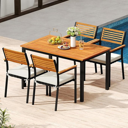 Tangkula 64 Inches Extendable Patio Dining Table for 4-8 People, Acacia Wood Outdoor Slatted Table with 1.97" Umbrella Hole & Metal Leg, Indoor/Outdoor Rectangular Table for Deck Garden Backyard