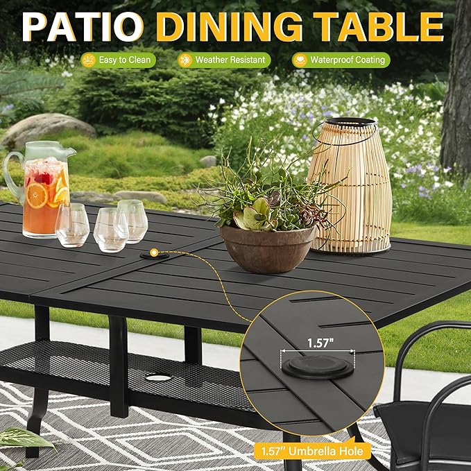Incbruce Patio Dining Table, 60" x 37" Rectangle Metal Steel Slat Table, with 1.57" Umbrella Hole, for Backyards, Porches, Gardens or Poolside