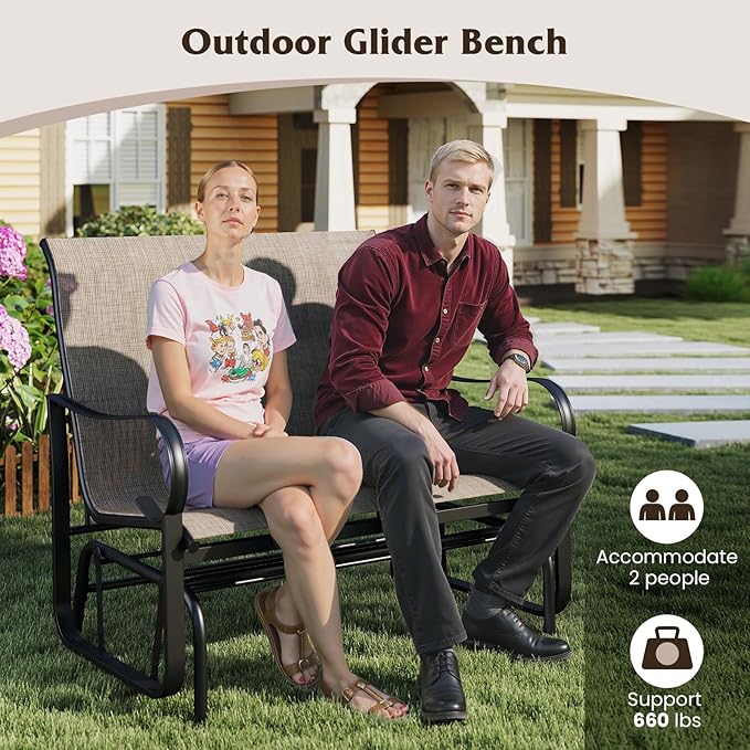 Tangkula Patio Gilder Bench, 2-Person Fabric Rocking Chair with High Backrest, Curved Armrests and Heavy-Duty Metal Frame, Outdoor Swing Loveseat for Porch, Garden and Backyard