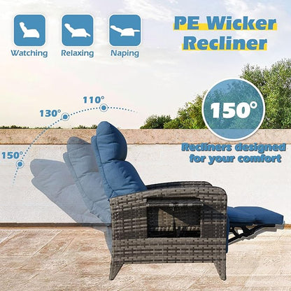 Upgraded Outdoor Recliner Chair, Reclining Patio Chairs with Adjustable Back up to 150°Lay Flat and Extended Footrest, Wicker Recliner Chairs with Flip Table and Removable Olefin Cushion