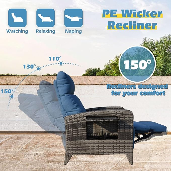 Outdoor Recliner Chairs Set of 2, Reclining Patio Chairs with Adjustable Back up to 150°Lay Flat and Extended Footrest - Photo 3