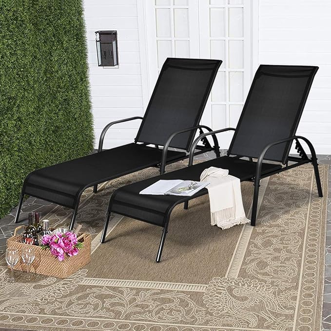 Tangkula Outdoor Lounge Chairs Set of 2, Patio Chaise Lounge with Adjustable Backrest, Reclining Pool Lounge Chairs for Outside with Heavy Duty Steel Frame, Suitable for Beach, Yard, Balcony, Poolside