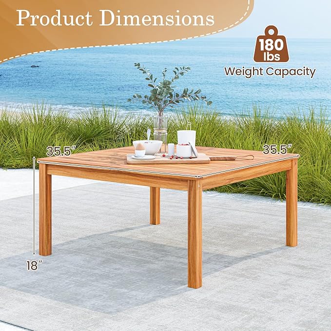 HAPPYGRILL Outdoor Coffee Table Acacia Wood Patio Table with Slatted Tabletop, Square Coffee Table for Outside Balcony, Garden & Poolside, Natural