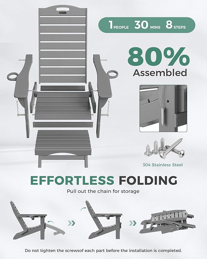 Folding Adirondack Chairs Set of 6,Adirondack Chair with Retractable Ottoman,Plastic Adirondack Chairs with 2 Cup Holder,Weather Resistant Patio Chair,Outdoor Chairs Set of 6(Grey)