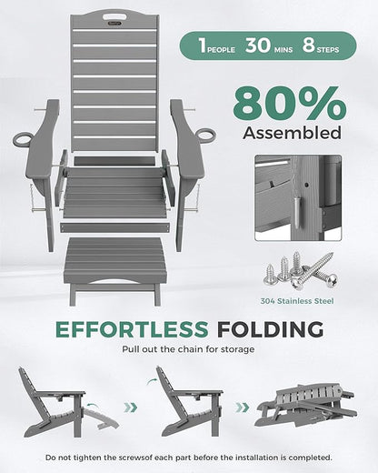 Folding Adirondack Chair with Retractable Ottoman Weather Resistant Fire Pit Chair Patio Chair with 2 Cup Holder Lawn Outdoor Lounge Chair (Grey)