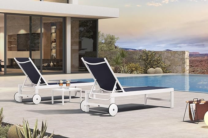 PURPLE LEAF Outdoor Chaise Lounge Set Elderly-Friendly Straight Legs Adjustable Sunbathing Recliner with Side Table for Back Support Poolside Beach Patio Lounge Chairs Navy Blue 2 Sets