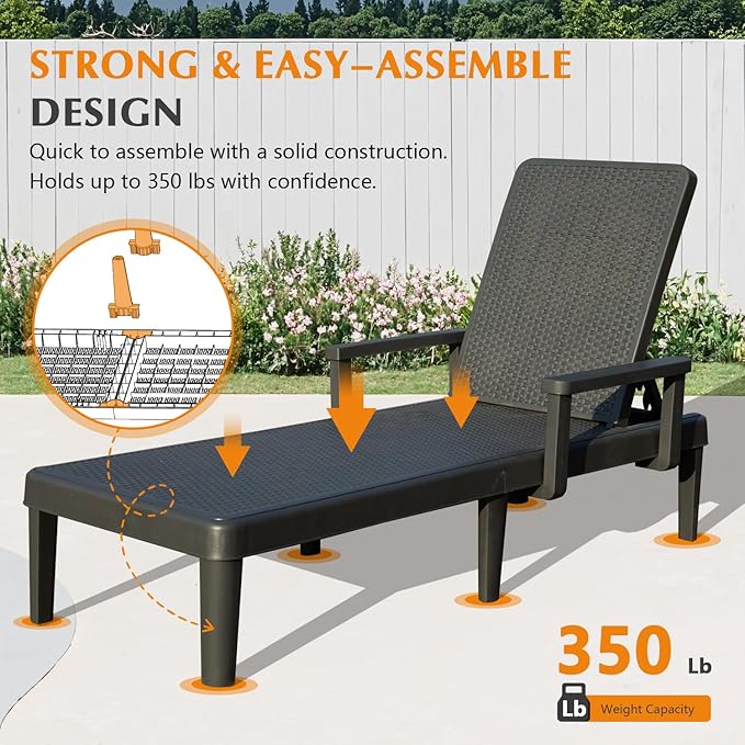 Domi Pool Lounge Chairs Set of 2, Outdoor Lounge Chairs with 6 Positions Backrest Adjustable, Resin Waterproof Chaise Lounge Outdoor for Poolside Patio Garden Deck