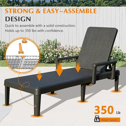Domi Pool Lounge Chairs Set of 2, Outdoor Lounge Chairs with 6 Positions Backrest Adjustable, Resin Waterproof Chaise Lounge Outdoor for Poolside Patio Garden Deck