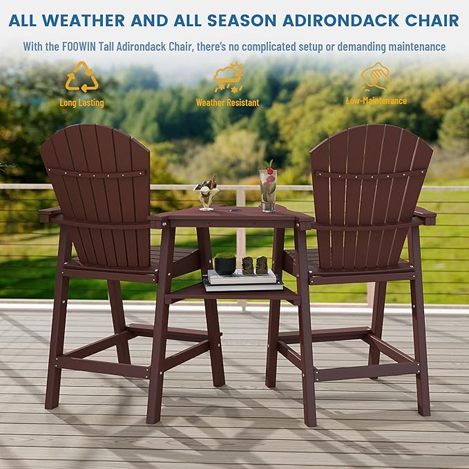 FOOWIN Tall Adirondack Chair Set of 8, All Weather HDPE Bar Height Adirondack Chair with Double Connecting Trays, Adirondack Barstools for Balcony, Deck, Backyard, Patio, Garden Brown