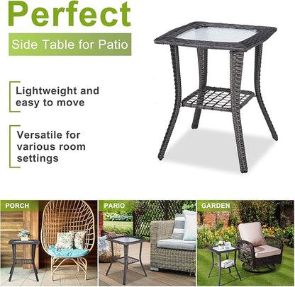 Outvita Outdoor Side Table, Patio Rattan Coffee Table Small End Table with Glass Tabletop and Storage Shelf for Patio Porch Backyard Balcony Living Room
