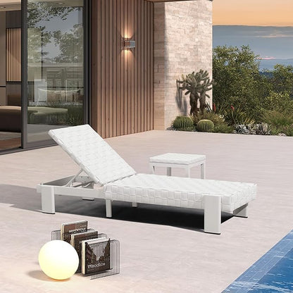 PURPLE LEAF Patio Lounge Chair Modern Outdoor PU Leather Style Chaise Lounge 1 Piece with Side Table Adjustable Backrest Aluminum Luxury Chaise Lounge Chairs for Pool Garden Backyard Beach, White