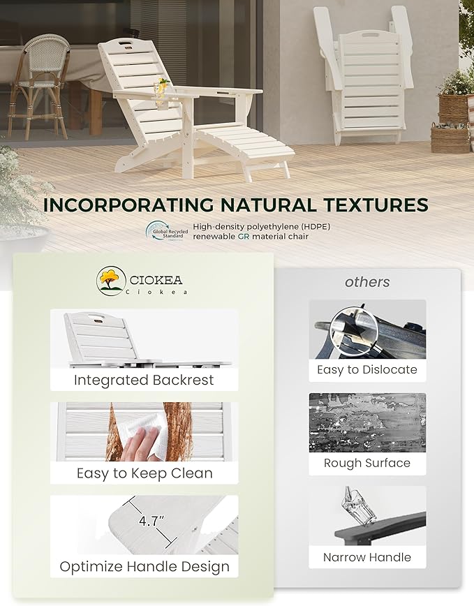 Ciokea Folding Adirondack Chair Set of 4 with Retractable Ottoman Fire Pit Patio Chair with Pull Out Foot Rest Weather Resistant Lawn Outdoor Chair with 2 Cup Holder (White)