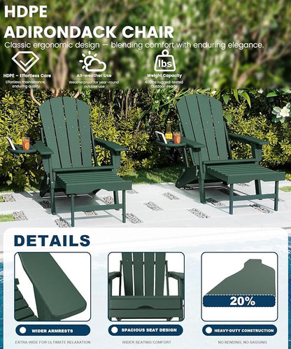 FOOWIN Folding Adjustable Adirondack Chair with Retractable Ottoman Set of 4, HDPE Adirondack Chair w/4 in 1 Cup Holder Trays,All-Weather Resistant Fire Pit Chair for Outdoor Patio Lawn, Dark Green