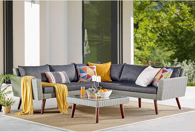 Alaterre Furniture Albany All-Weather Wicker Outdoor Gray 29" Square Coffee Table with Glass Top, brown