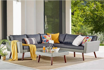Alaterre Furniture Albany All-Weather Wicker Outdoor Gray 29" Square Coffee Table with Glass Top, brown