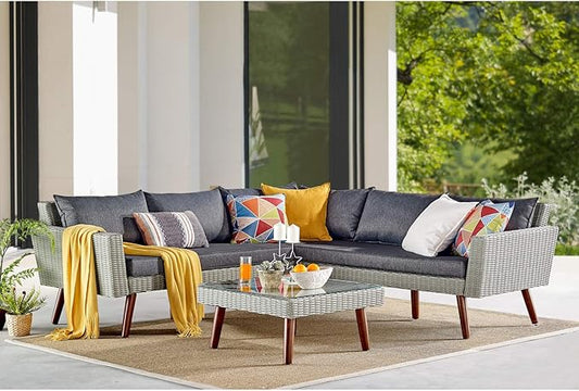 Alaterre Furniture Albany All-Weather Wicker Outdoor Gray 29" Square Coffee Table with Glass Top, brown